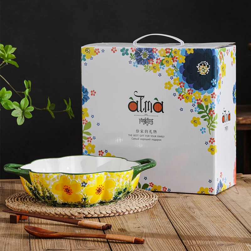 【ALMA】郁金流光 9寸手绘陶瓷艺术花朵双耳汤盆水果盆釉下彩餐具