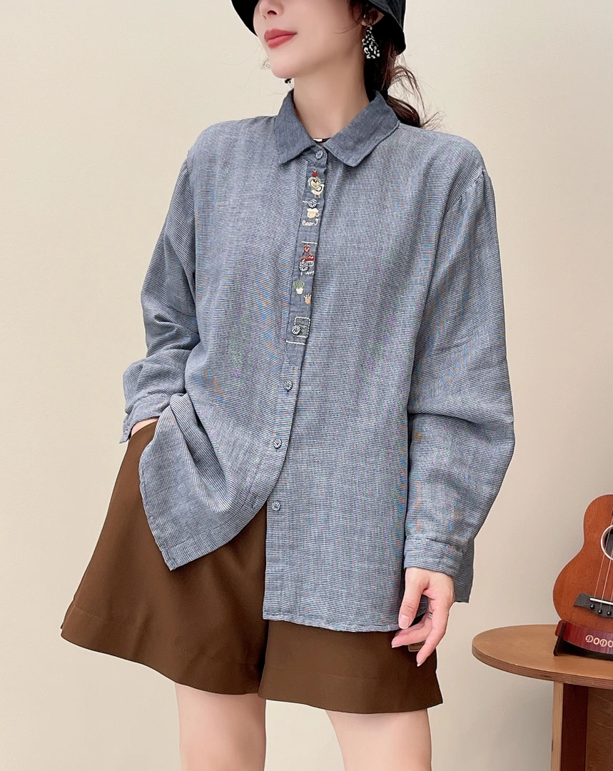 【千鸟格门襟刺绣棉纱衬衫】9256