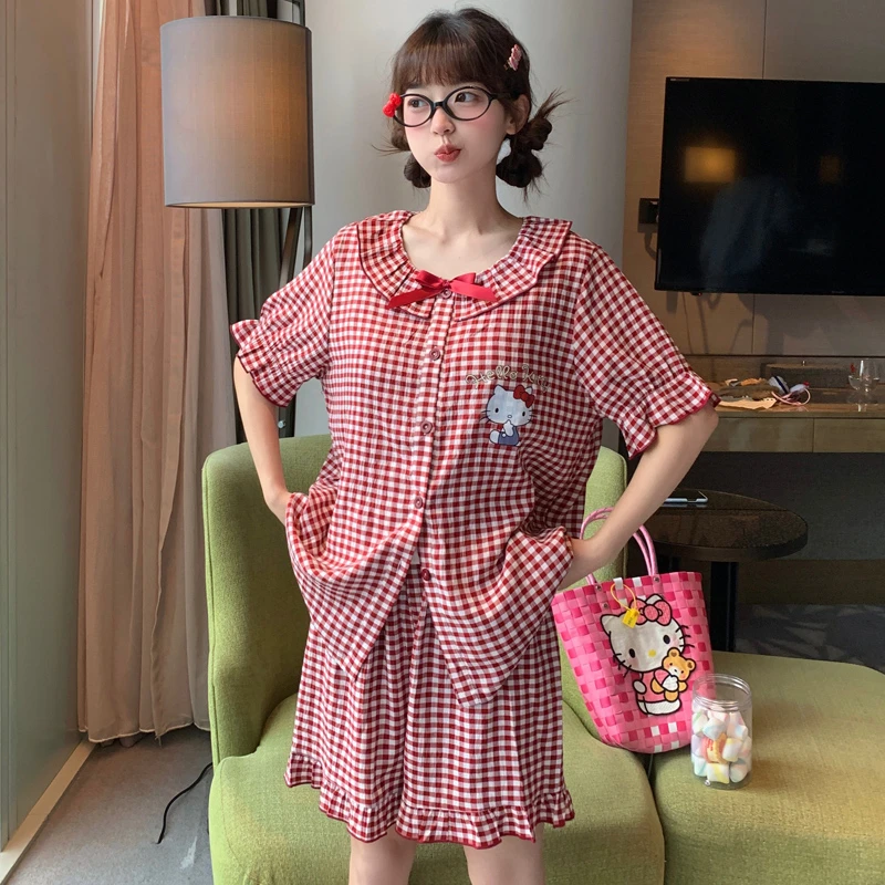 （嘉之馨）夏季棉娃娃领甜美两件套装带胸垫家居服睡衣可外穿格子喵