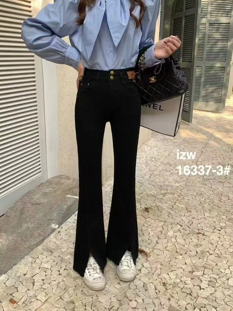 16337黑色微喇裤早春牛仔裤女阔腿裤宽松时尚高腰洋气