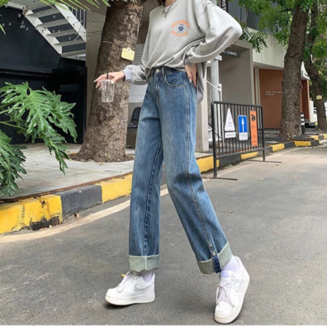 卷边浅蓝烟管裤女2025年春夏新款设计感小众高腰直筒牛仔裤法棍裤