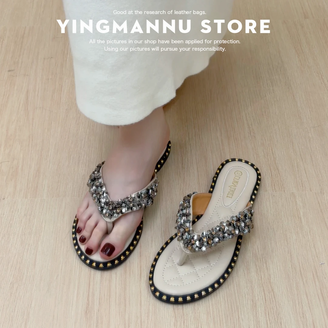 时尚舒适软底夹趾人字拖女2025夏季新款海边沙滩鞋水钻气质凉拖鞋