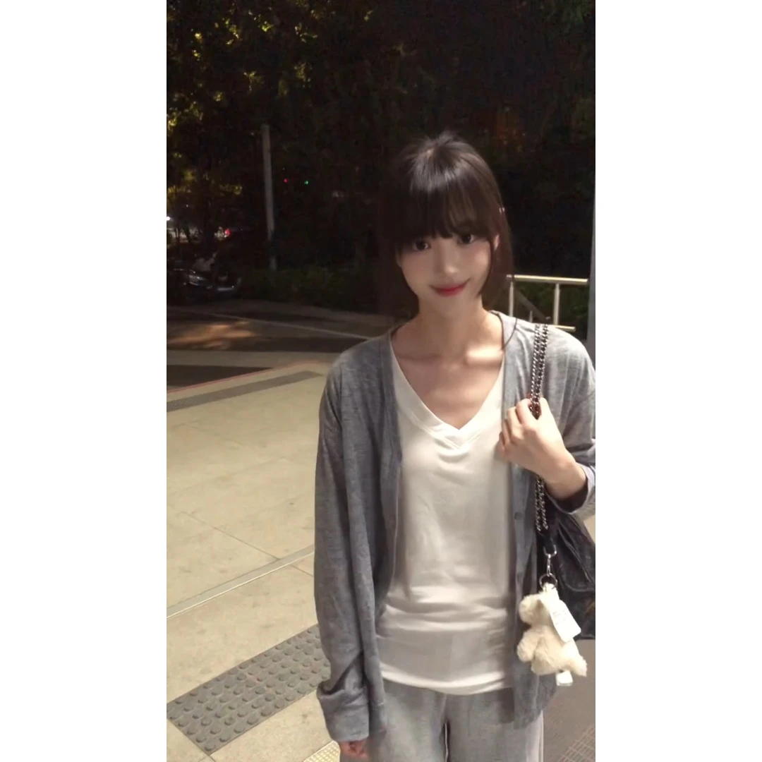 MARIE.COCO休闲款百搭开衫外套v领T恤女垂感显瘦直筒裤秋季三件套