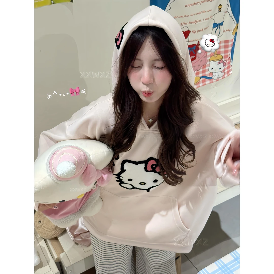 可爱慵懒风长袖T恤卫衣秋季宽松卡通刺绣花连帽上衣女装设计感