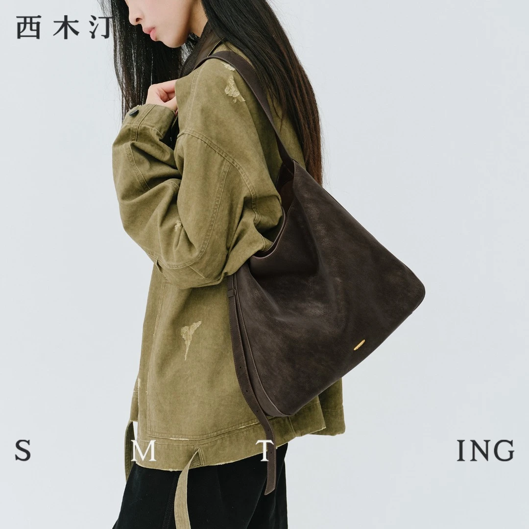 西木汀 静夜 水桶包擦色牛皮秋冬新款大容量通勤托特包女百搭