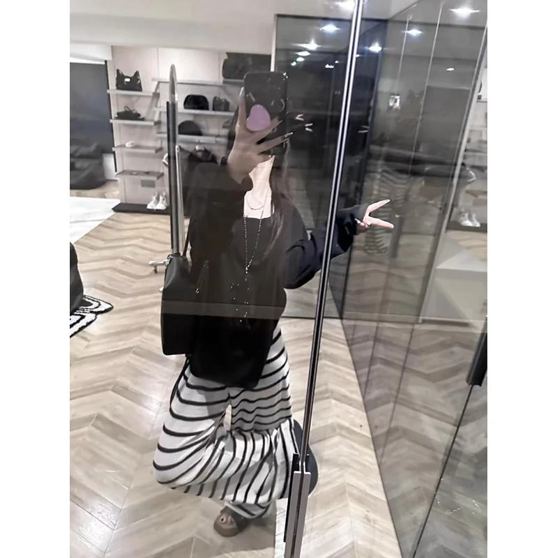 直慵懒风筒垂感阔腿条纹休闲裤