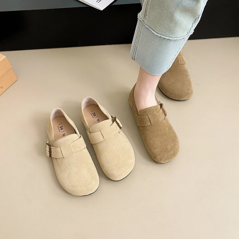 真皮勃肯鞋2025春季单鞋女全包磨砂牛皮厚底鞋可踩跟一脚蹬拖鞋子