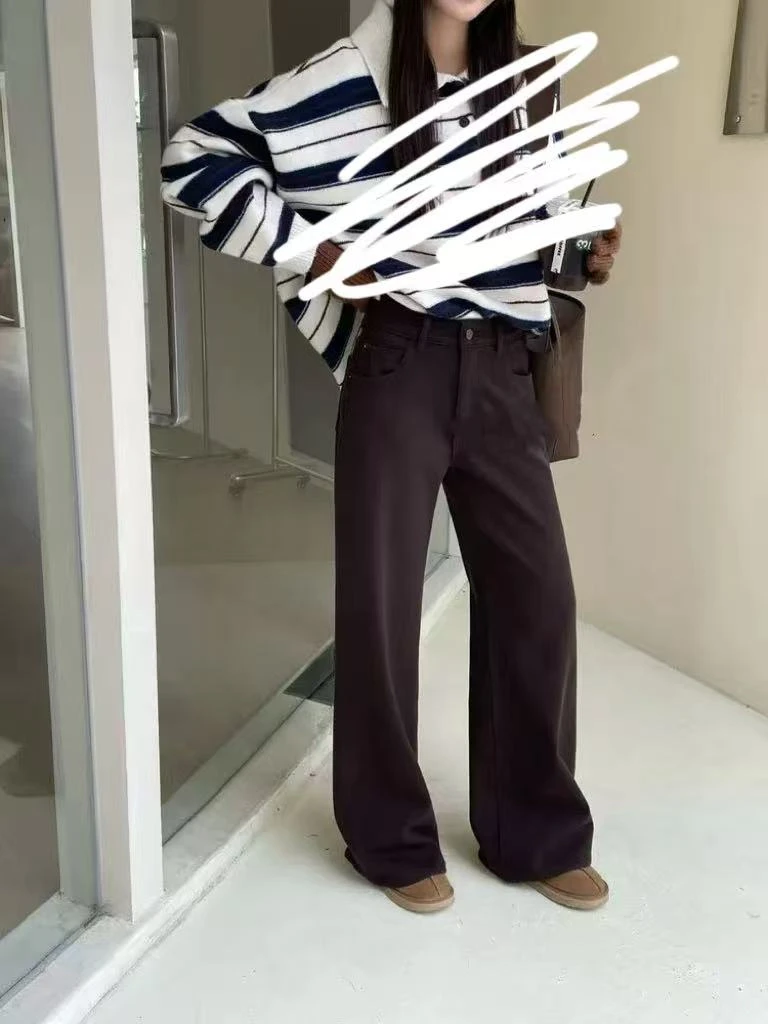 SU[392] 代G  愫卿 正品冬季咖色加绒显瘦阔腿裤微喇叭裤弹力