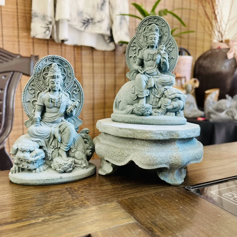 文殊普贤菩萨中式禅意茶宠摆件青砂石高级桌面礼物祝福手工