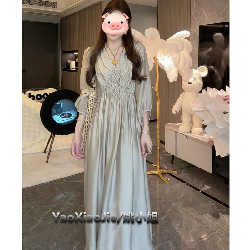 姚小姐 法式浪漫麻花拼接连衣裙女夏季新款仙气森系温柔风中长裙