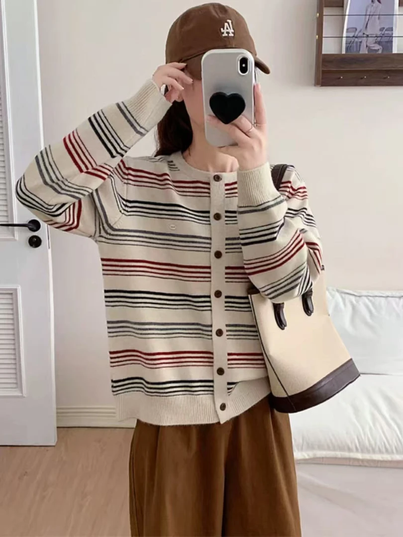 条纹毛针织衫韩式慵懒显瘦针织衫韩版宽松慵懒风女装W011