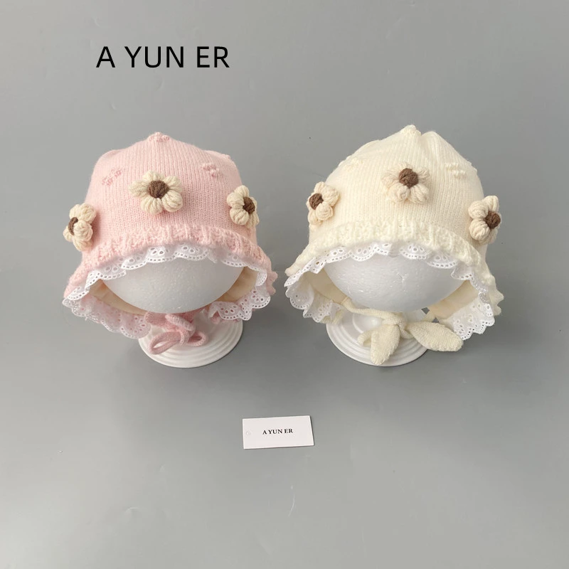 婴儿帽子秋冬款护耳帽女宝宝花边韩系小月龄保暖针织公主毛线帽潮