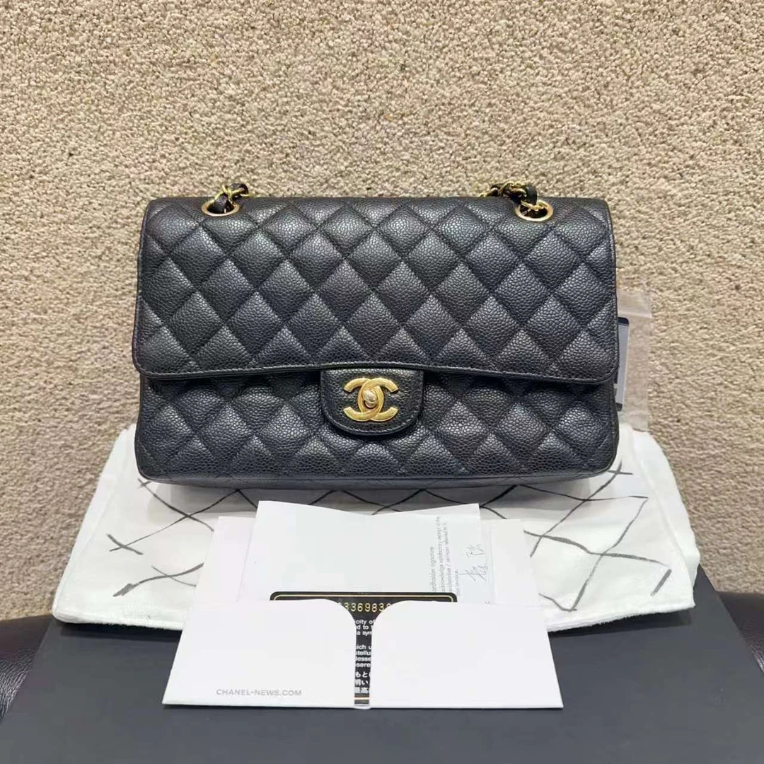 99新 Chanel/香奈儿 Chanelcf中号黑金荔枝纹链条包