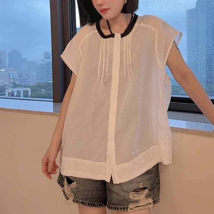 夏季新款欧版领子拼色飞袖衬衣6205