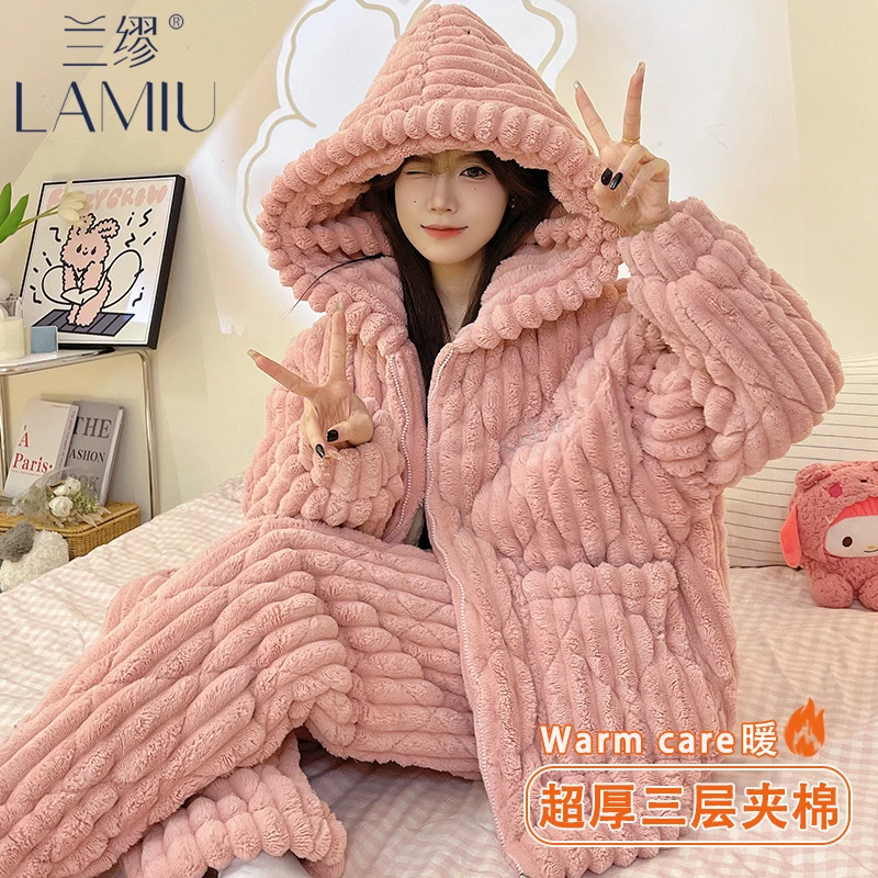 加绒加厚珊瑚绒睡衣女秋冬季新款三层夹棉可外穿法兰绒家居服套装