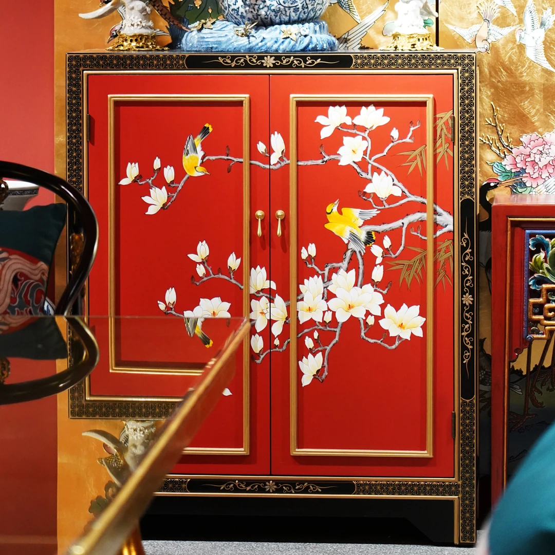 【本尼家】TS49新中式国风金漆描金花鸟漆画玄关柜102*40*123cm