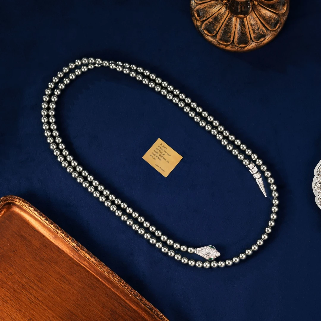 合金仿珍珠项链 《灵蛇献瑞》暗夜灰色个性满镶锆锆项链6mm 长96cm