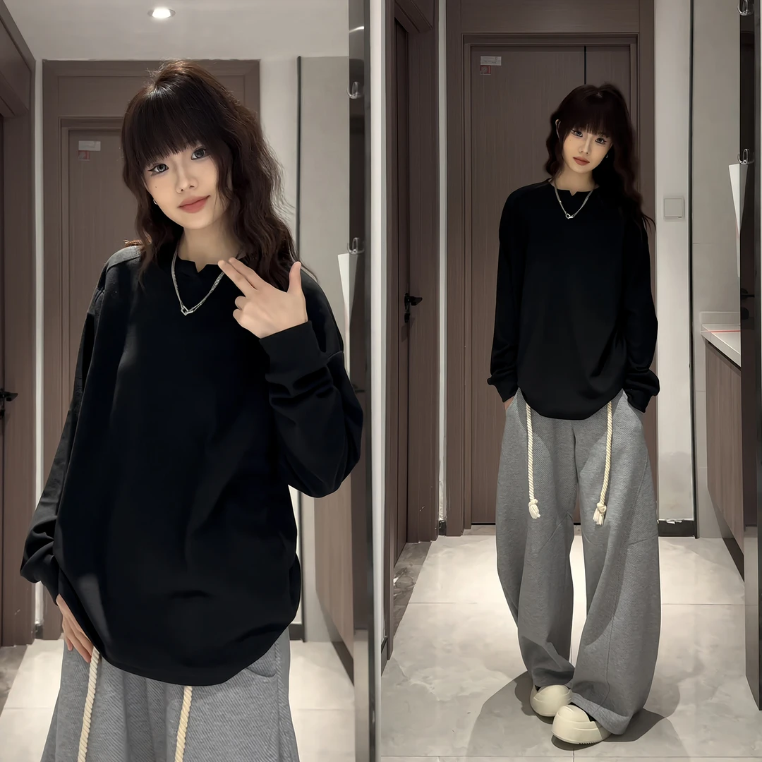 双面德绒小V领内搭长袖T恤男美式潮牌cleanfit卫衣痞帅保暖打底衫