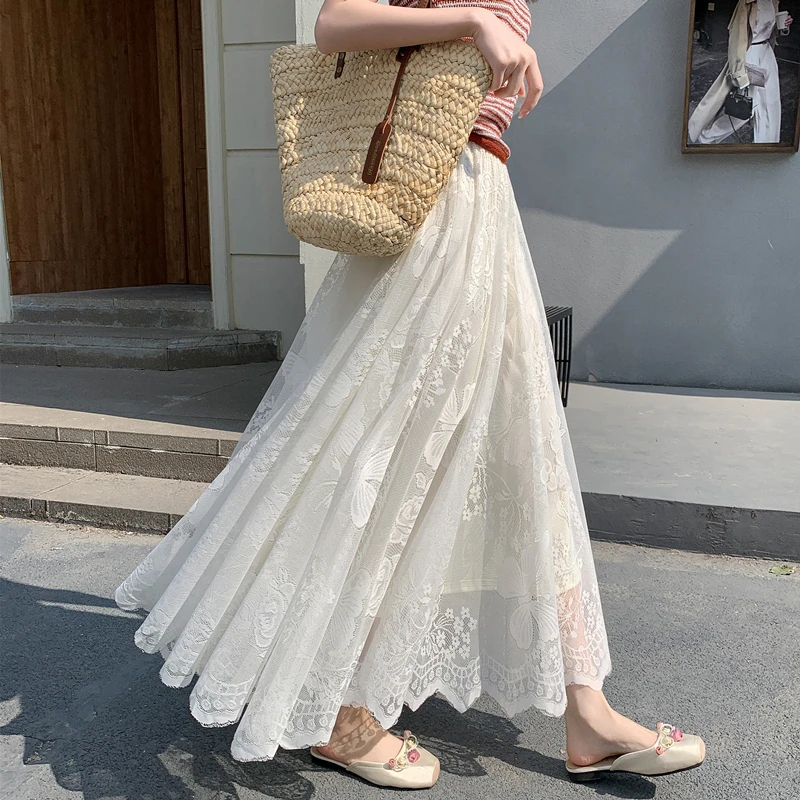 蕾丝半身裙女高腰中长款a字裙气质垂感蕾丝裙裙子长裙大摆镂空裙