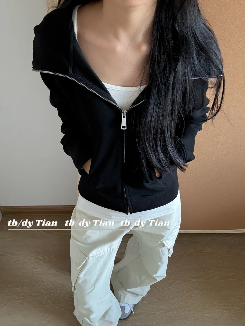 Tian修身基础420g短款美式纯色连帽拉链卫衣外套女