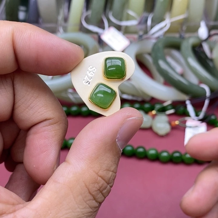 和田玉耳饰银S925镶嵌涛*