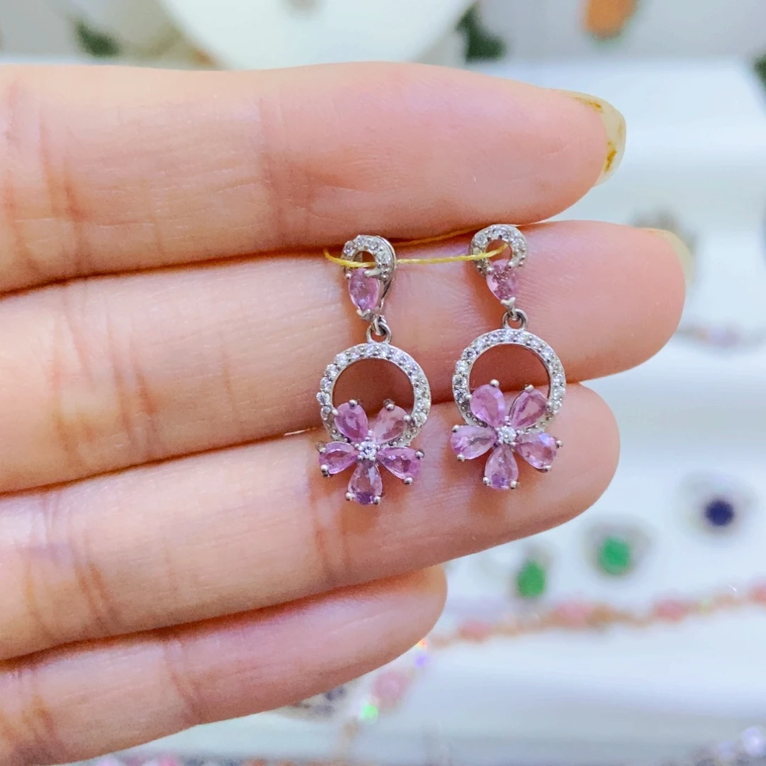 耳饰彩色蓝宝石银S925镶嵌