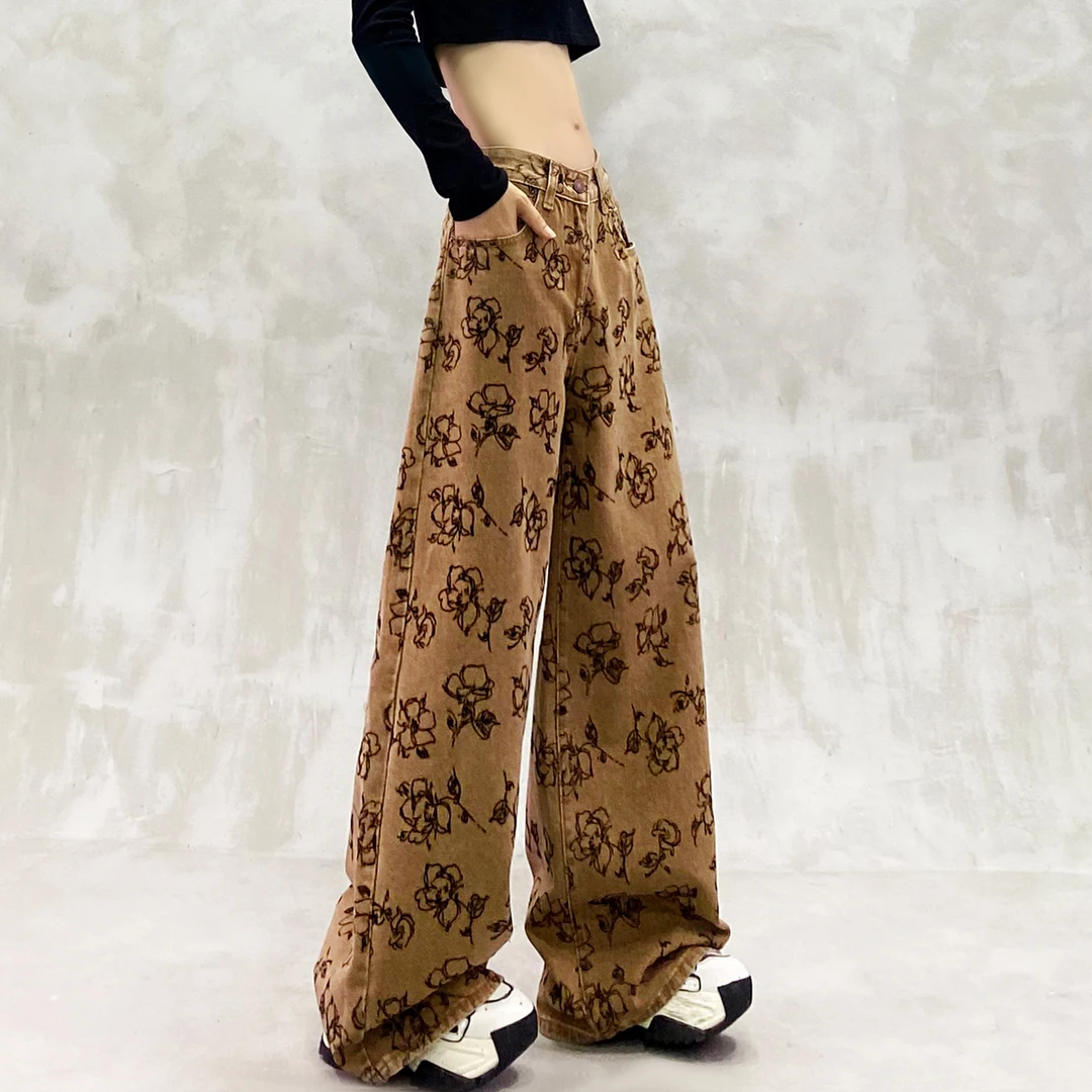 花朵印花设计卡其色牛仔裤女秋新款高腰宽松显瘦百搭直筒阔腿裤子