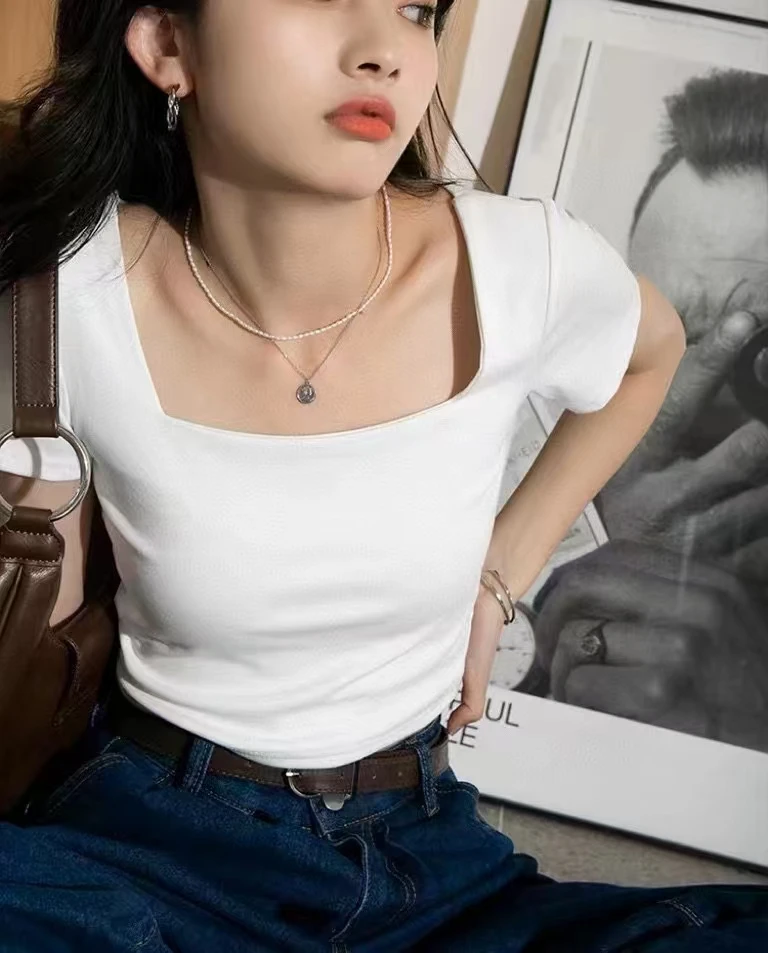 02265 张十柒服饰2024新款紧身白色短袖方领打底衫