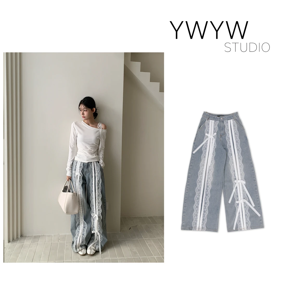 【YWYW25S/S】春季蕾丝绑带复古水洗宽松直筒牛仔长裤3633