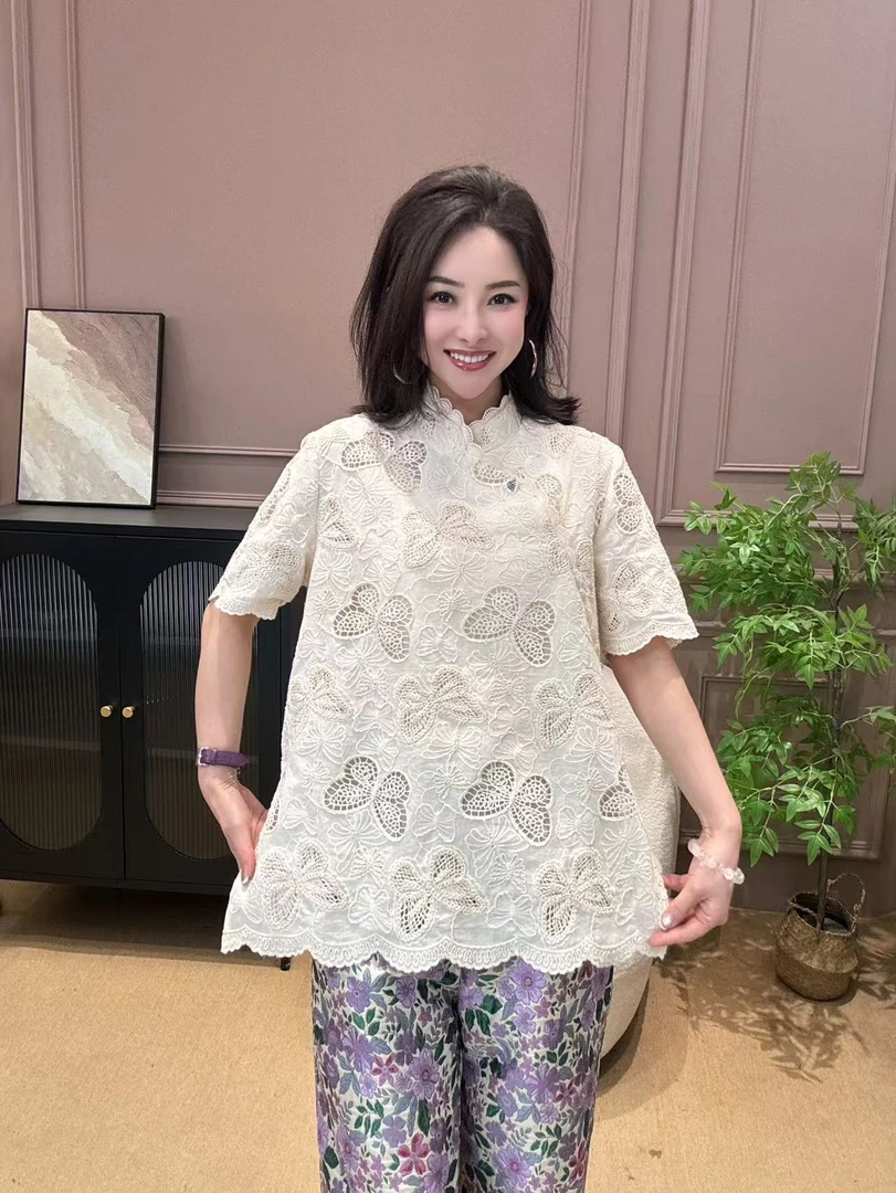 【元素家】“拾光”夏季款新中式气质重工镂空麻织花蝴蝶短袖17007
