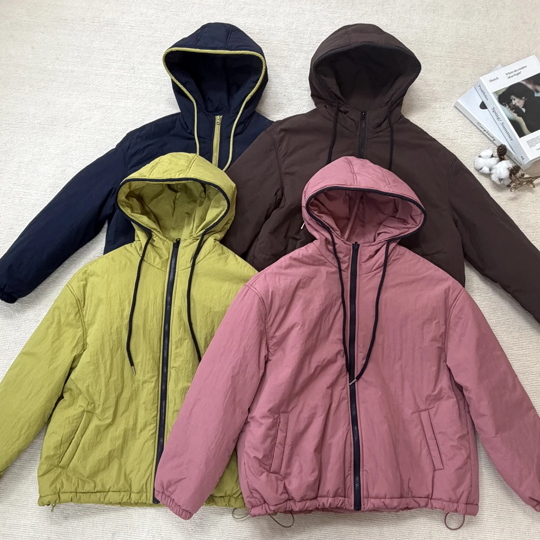 纯色休闲连帽绵羊毛夹棉棉衣百搭保暖棉服外套不起球