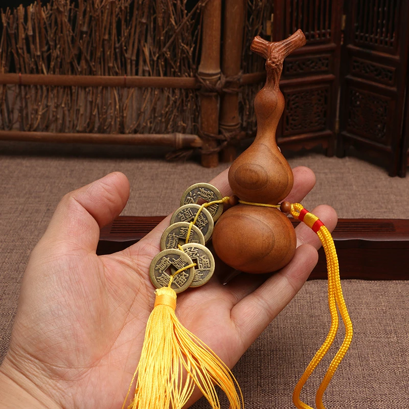 老桃木葫芦挂件 龙头葫芦挂件手工雕刻葫芦 五帝钱平安乔迁挂件