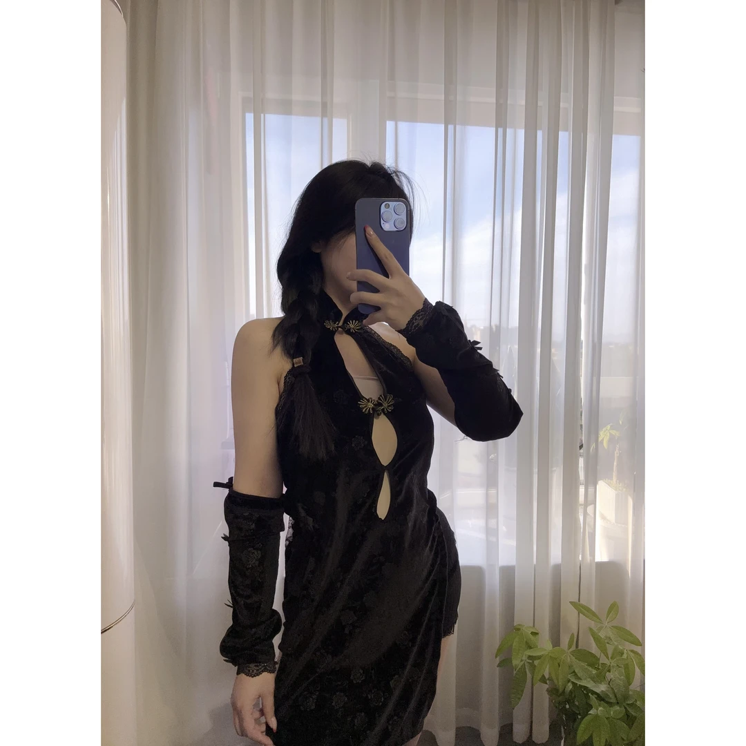 （旗袍）黑色古典蕾丝旗袍