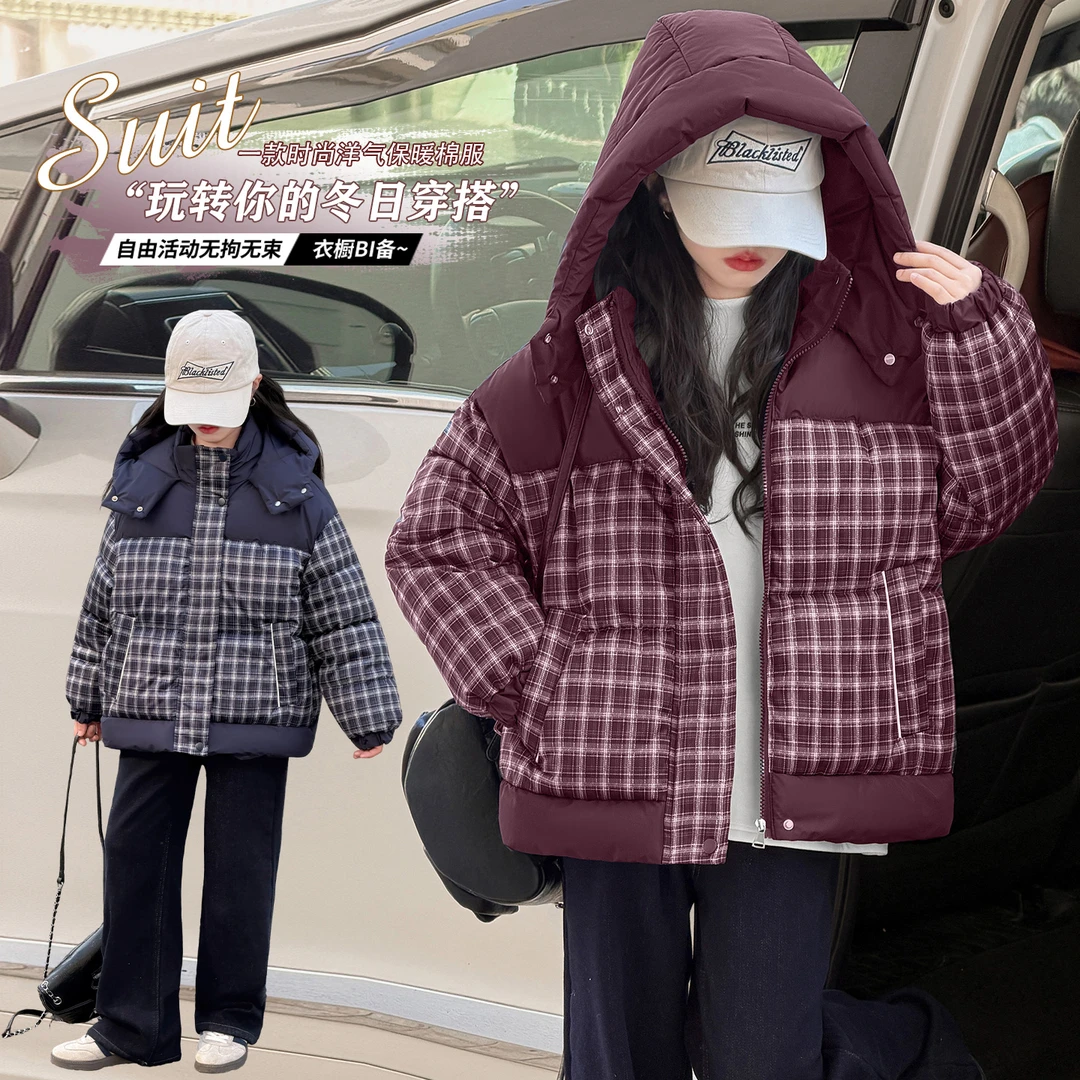 【ZS】女童冬季新款时尚加厚保暖格子撞色棉服韩系连帽外套HCE263
