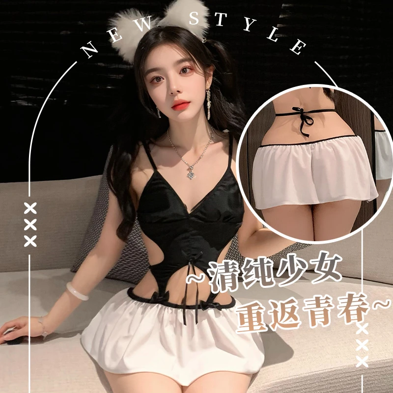 情侣性感内衣露脐吊带连衣美背家居服超短裙文胸诱惑制服小胸诱惑