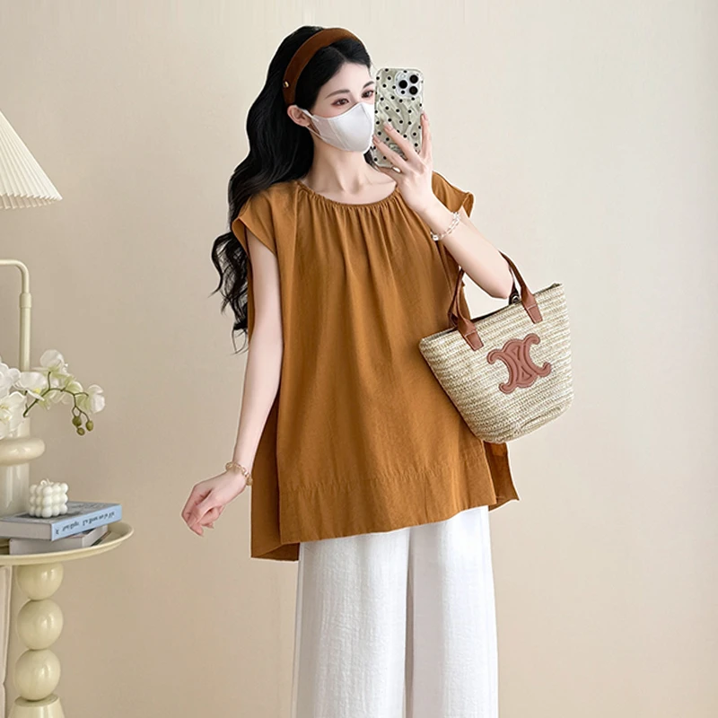 【伊伊】孕妇装2025夏季新款时尚法式韩版休闲百搭宽松开叉短袖衬衫