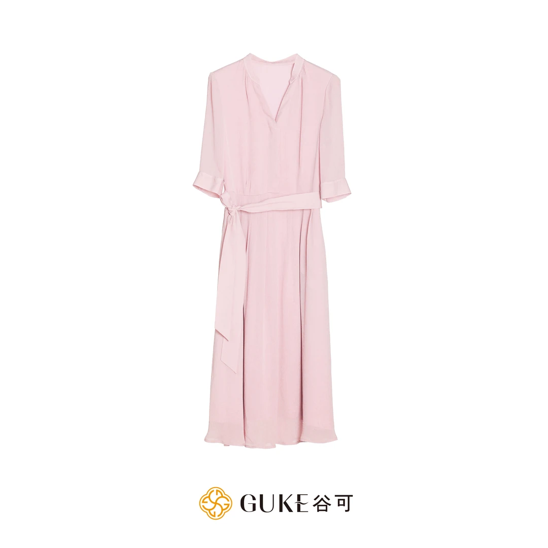 GKE/谷可LQ1363时尚连衣裙夏季V领知性风温柔女装收腰显瘦长裙子