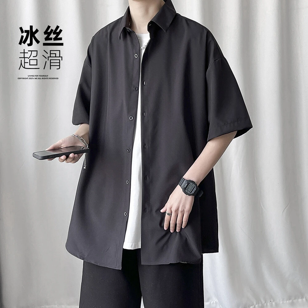 凉感休闲短袖衬衫男夏季薄美式潮牌潮流宽松半袖衣服男士衬衣外套