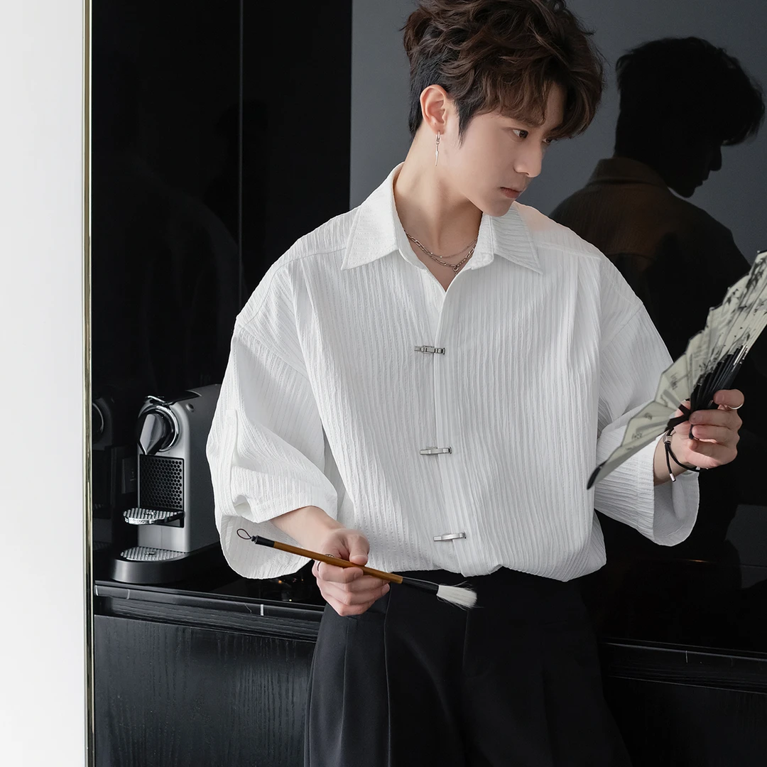 CHICERRO西西里男装新中式落肩纹理感宽松透气五分袖衬衫男港风