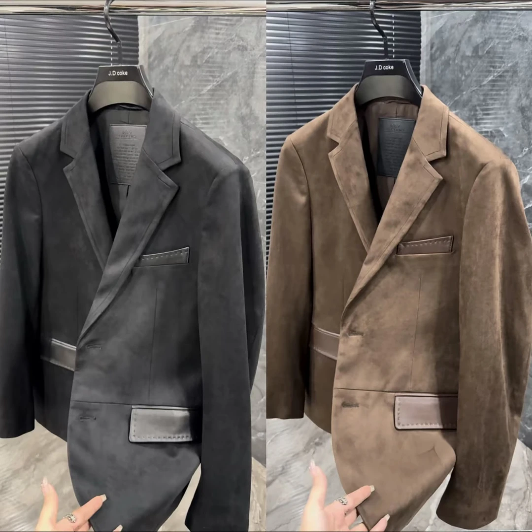 25春李新款欧货男士鹿皮绒休闲西服修身时尚潮流