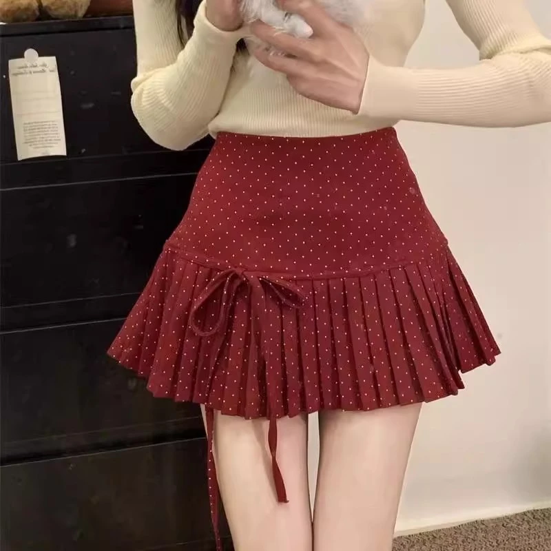 红色波点辣妹百褶裙女辣妹高腰显瘦蝴蝶结系带半身裙防走光A字裙