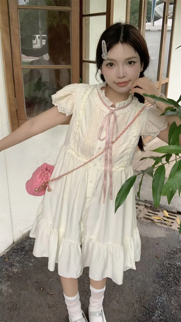 大码法式蝴蝶结飞袖连衣裙甜美学院风显瘦设计感中长裙7068