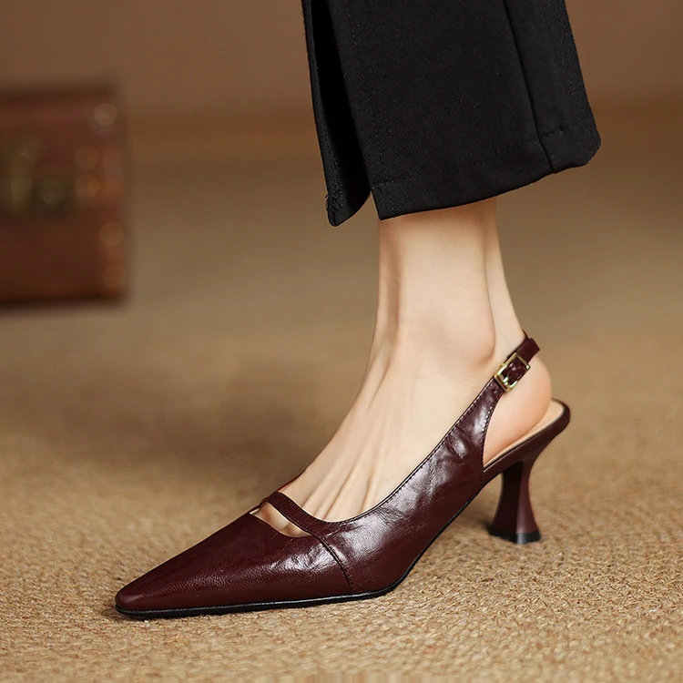 头层羊皮！ 气质通勤包头凉鞋高跟鞋女夏季新款尖头后空包头凉鞋女