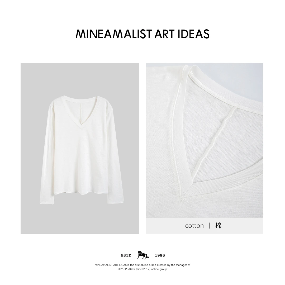 MINEAMALIST ART IDEAS夏季V领卷边竹节棉长袖T恤3858M