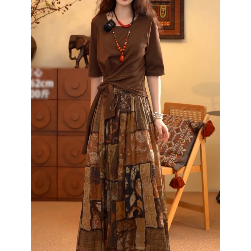 复古文艺风小众裙套装2025夏季新款绑带显瘦纯色休闲上衣+半身裙