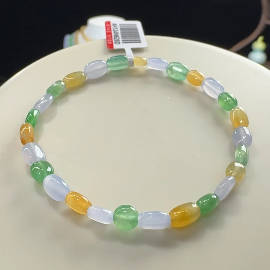 翡翠未镶嵌手链冰胶三彩枣珠单圈