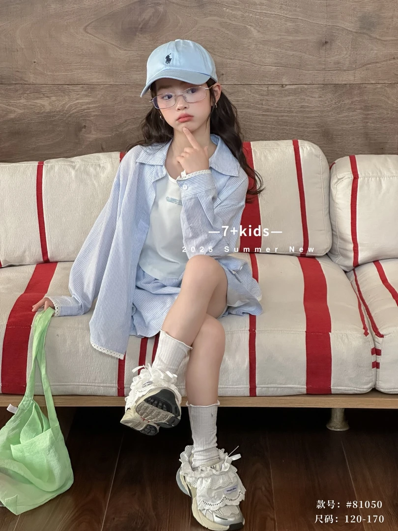 7+Kids潮牌女童花边衬衫2025韩国童装夏季新款洋气防晒三件套套装