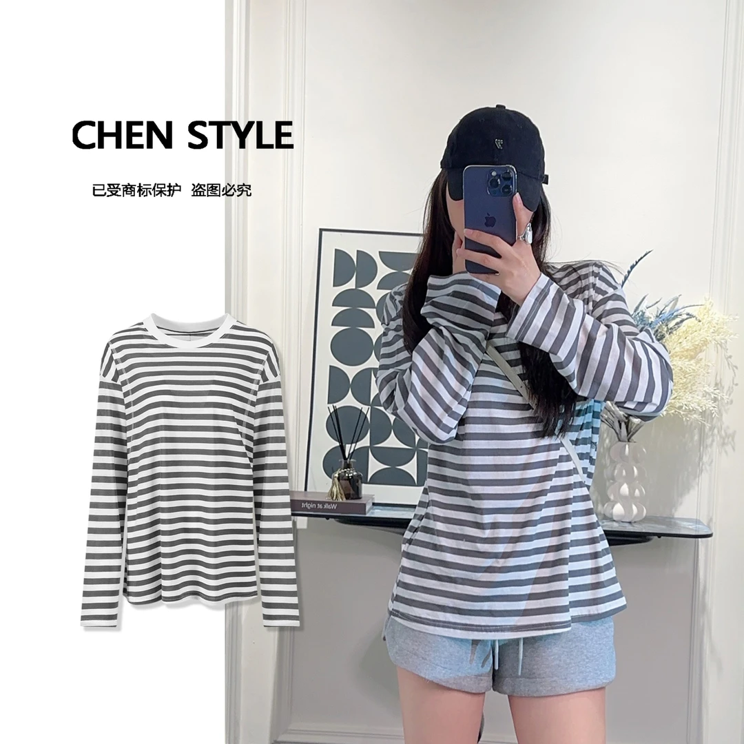 楚楚君【行走的空调】夏季圆领明走线潮流条纹长袖T恤Y63207