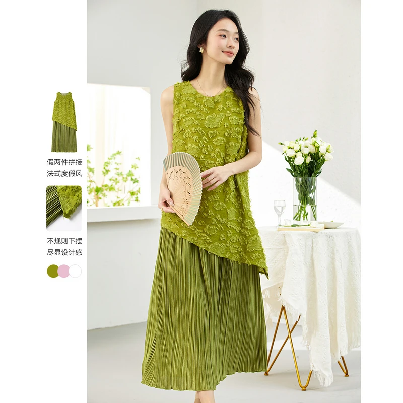 梵希蔓法式假两件拼接立体剪花无袖连衣裙夏季女装长裙A1909