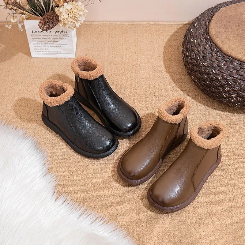 羊羔毛冬季女棉靴新款防滑妈妈棉靴中老年平底加厚保暖棉鞋
